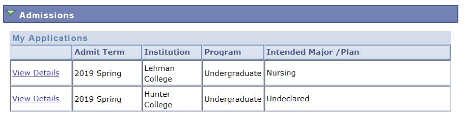 Admissions section